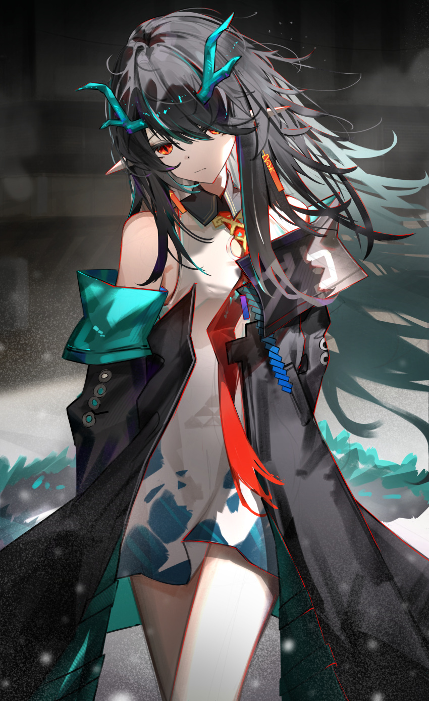 1girl, absurdres, arknights, bare_shoulders, black_hair, black_jacket, china_dress, chinese_clothes