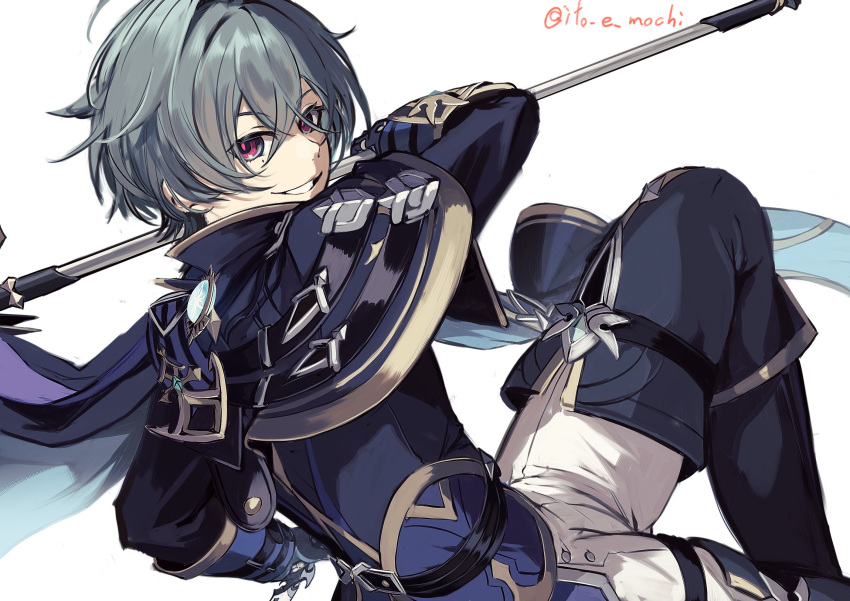 1boy, ahoge, armor, arms_up, black_boots, black_gloves, blue_cape, blue_shirt