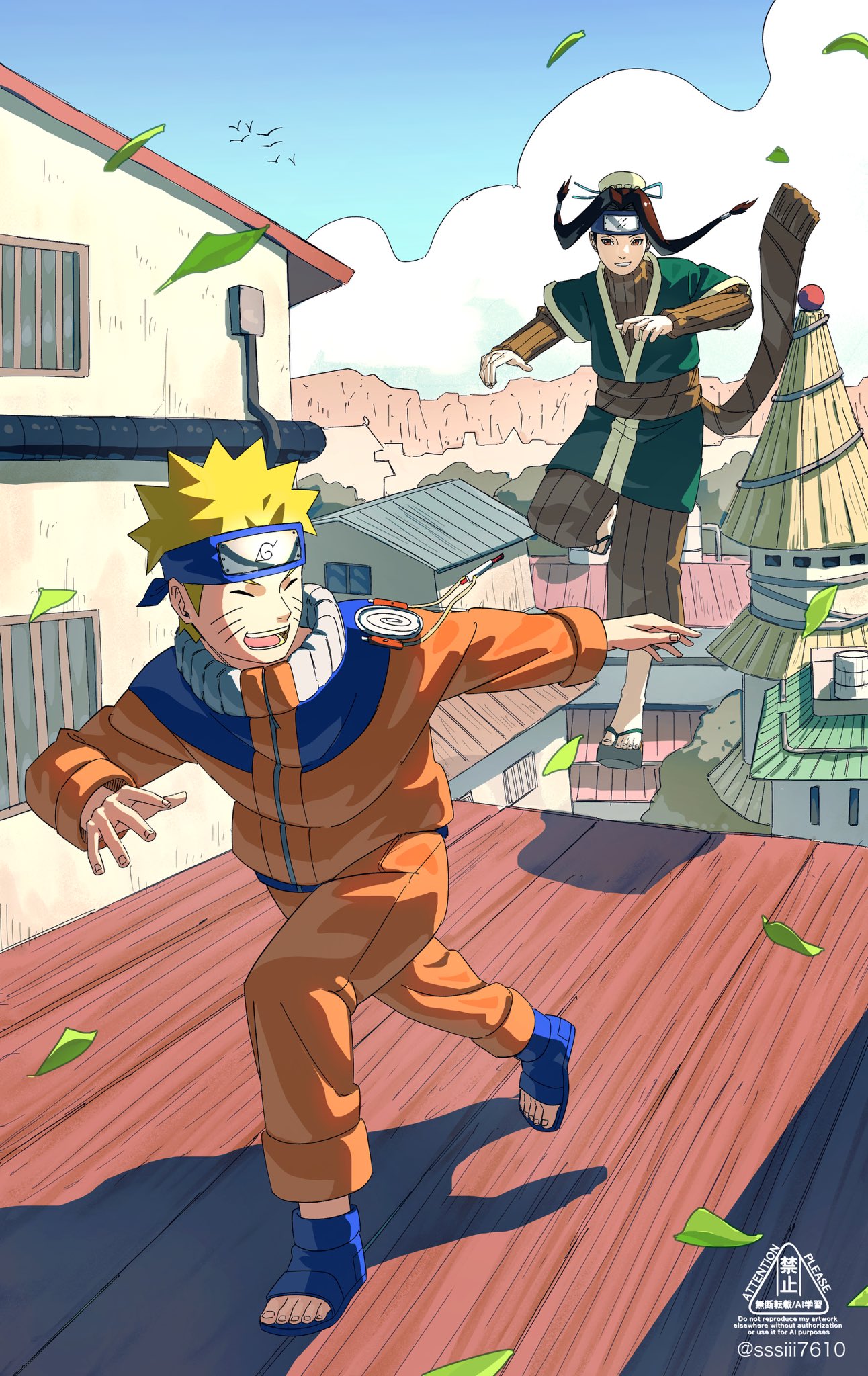 2boys, facial_mark, forehead_protector, haku_(naruto), highres, kirigakure_shinobi_uniform, kirigakure_symbol, konohagakure_symbol, multiple_boys, naruto_(classic), naruto_(series), ninja, sssiii7610, sweater_under_kimono, uzumaki_naruto, uzumaki_symbol, whisker_markings