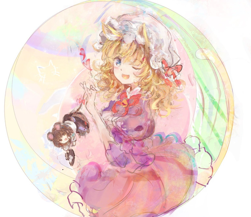 2girls, :d, animal_ears, bell, black_hat, black_skirt, blonde_hair, blue_eyes, blush, bow, bowtie, brown_eyes, brown_hair, capelet, cat_ears, cat_girl, cat_tail, collared_dress, commentary, contrast_collar, cosplay, dress, frilled_dress, frills, grey_capelet, hair_bow, hat, hat_bow, heart, highres, holding, holding_by_the_tail, holding_mini_person, holding_unworn_clothes, holding_unworn_hat, jingle_bell, kemonomimi_mode, long_hair, maribel_hearn, mini_person, mob_cap, mouse_ears, mouse_girl, multiple_girls, nazrin, nazrin_(cosplay), neck_bell, one_eye_closed, open_mouth, puffy_sleeves, purple_dress, red_bow, red_bowtie, red_ribbon, ribbon, shirt, skirt, smile, sweatdrop, tail, tail_ornament, tail_ribbon, touhou, unworn_hat, unworn_headwear, usami_renko, uwazumi, white_bow, white_hat, white_shirt