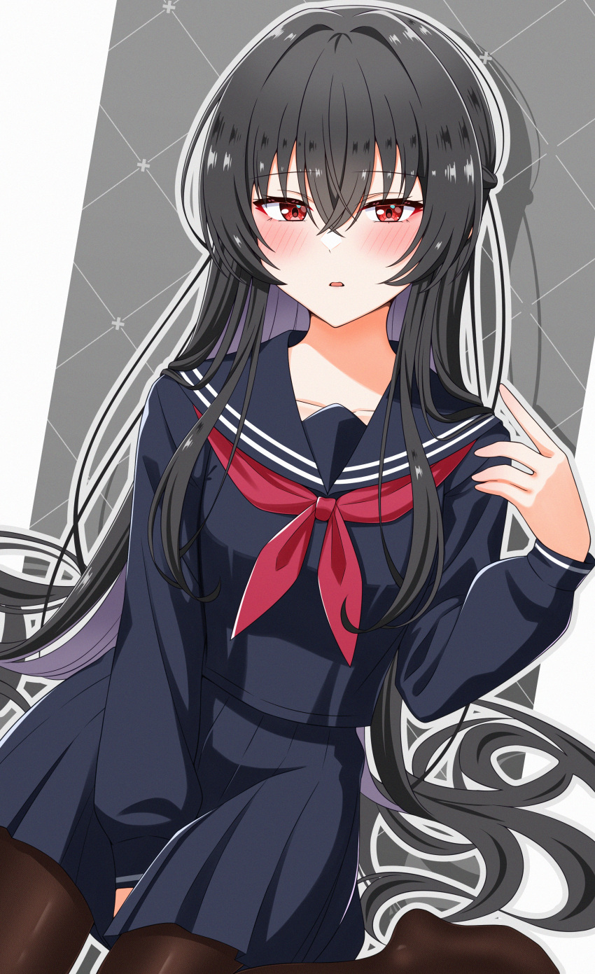 1girl, absurdres, between_legs, black_hair, blue_serafuku, blush, commentary_request, hair_intakes, hand_between_own_legs, highres, koto_satsuki, long_hair, neckerchief, next_tomountain, pantyhose, parted_lips, red_eyes, red_neckerchief, school_uniform, serafuku, sitting, solo, very_long_hair, wariza, watashi_ga_koibito_ni_nareru_wake_naijan_murimuri!
