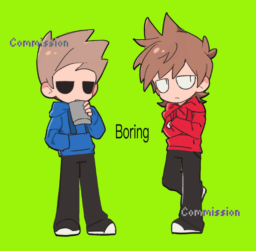 2boys, alcohol, animification, antenna_hair, black_pants, black_shoes, blue_hoodie, bored