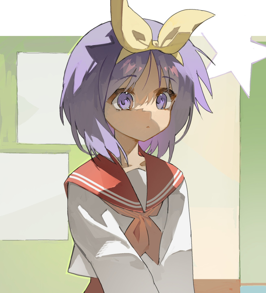 1girl, border, commentary, cropped_shirt, hairband, highres, hiiragi_tsukasa, indoors