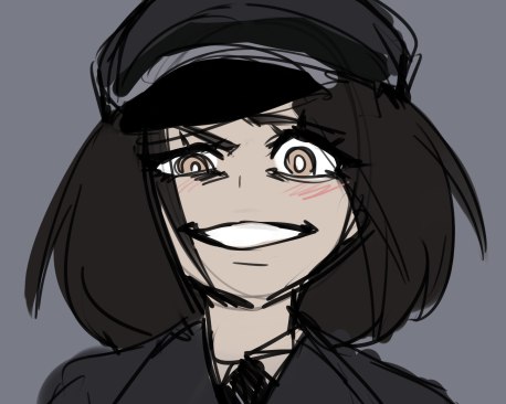 blush, commentary_request, grin, hat, kill-chan, lowres, medium_hair, nazi