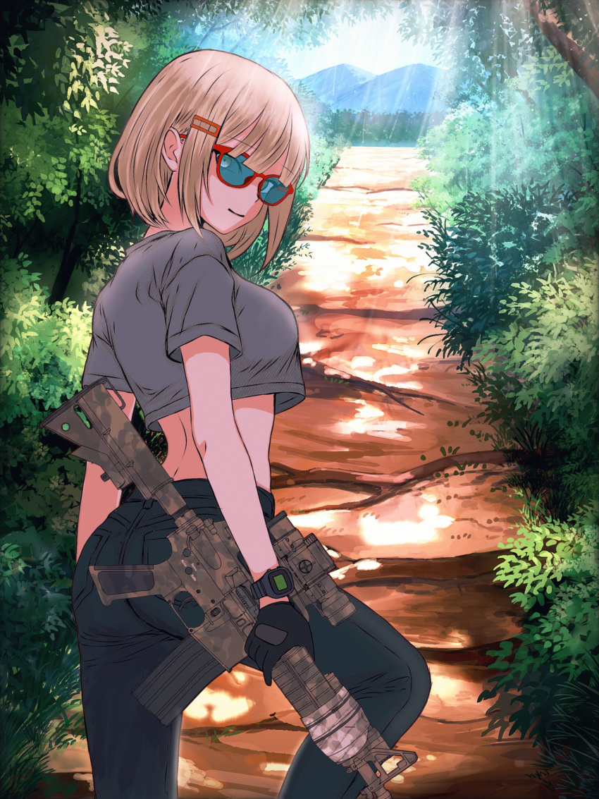 1girl, aqua-tinted_eyewear, artist_name, assault_rifle, black_pants, blonde_hair, cimol95, colt_commando
