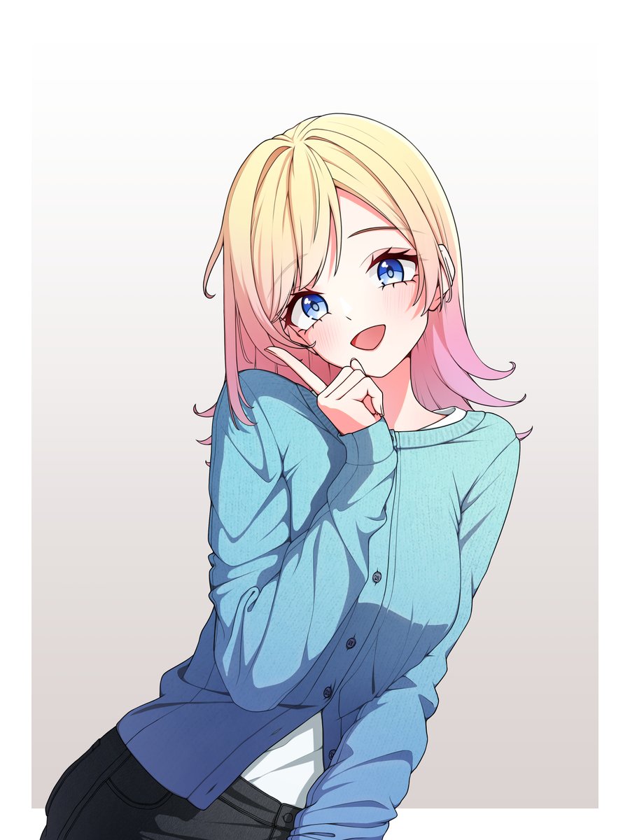 1girl, aiceclass, arm_at_side, black_pants, blonde_hair, blue_cardigan, blue_eyes, blue_pupils