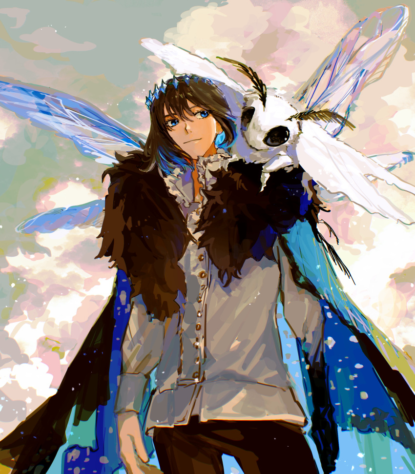 1boy, animal_on_shoulder, arms_at_sides, arthropod_boy, arthropod_limbs, black_cape, black_hair, black_pants, blanca_(fate), blue_eyes, cape, choroi_amachori, closed_mouth, clouds, collared_shirt, commentary_request, crown, dragonfly_wings, facing_viewer, fate/grand_order, fate_(series), fur-trimmed_cape, fur_trim, highres, insect_wings, long_sleeves, looking_at_animal, looking_to_the_side, male_focus, oberon_(fate), oberon_(third_ascension)_(fate), outdoors, oversized_bug, pants, popped_collar, shirt, short_hair, sky, standing, white_shirt, wings