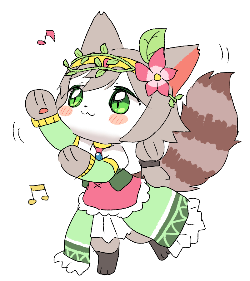 1girl, :3, animal_ears, artemis_(cat_busters), blush, brown_fur, brown_hair, cat_busters, cat_ears, cat_girl, cat_tail, chibi, chibi_only, chibikemo, commentary_request, flower, frilled_skirt, frills, full_body, furry, furry_female, green_skirt, hair_flower, hair_ornament, hair_vines, long_hair, low-tied_long_hair, musical_note, red_shirt, shirt, simple_background, sketch, skirt, slit_pupils, smile, solo, standing, standing_on_one_leg, striped_tail, tail, tiara, wataboshi, white_background, white_fur
