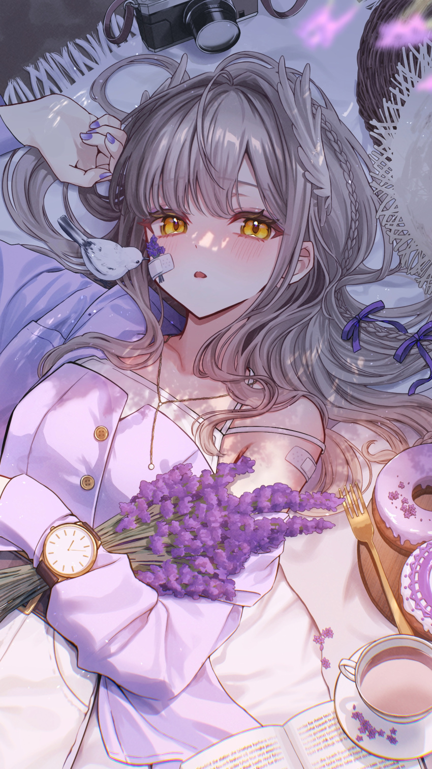 1girl, absurdres, bandaid, bandaid_on_cheek, bandaid_on_face, bandaid_on_shoulder, bird, bird_nest, blush, book, bow, breasts, camera, carpet, commentary_request, cup, doughnut, eyeshadow, flower, food, fork, from_above, gold_fork, grey_hair, grey_wings, hair_bow, hair_over_shoulder, halterneck, head_wings, highres, indoors, jewelry, lavender_(flower), long_hair, long_sleeves, looking_at_viewer, lying, makeup, medium_breasts, on_back, on_ground, open_book, original, parted_lips, pendant, purple_eyeshadow, purple_flower, purple_nails, purple_shirt, satori_suzuha, shirt, solo, strap_slip, swept_bangs, tea, teacup, watch, watch, white_bird, wings, yellow_eyes