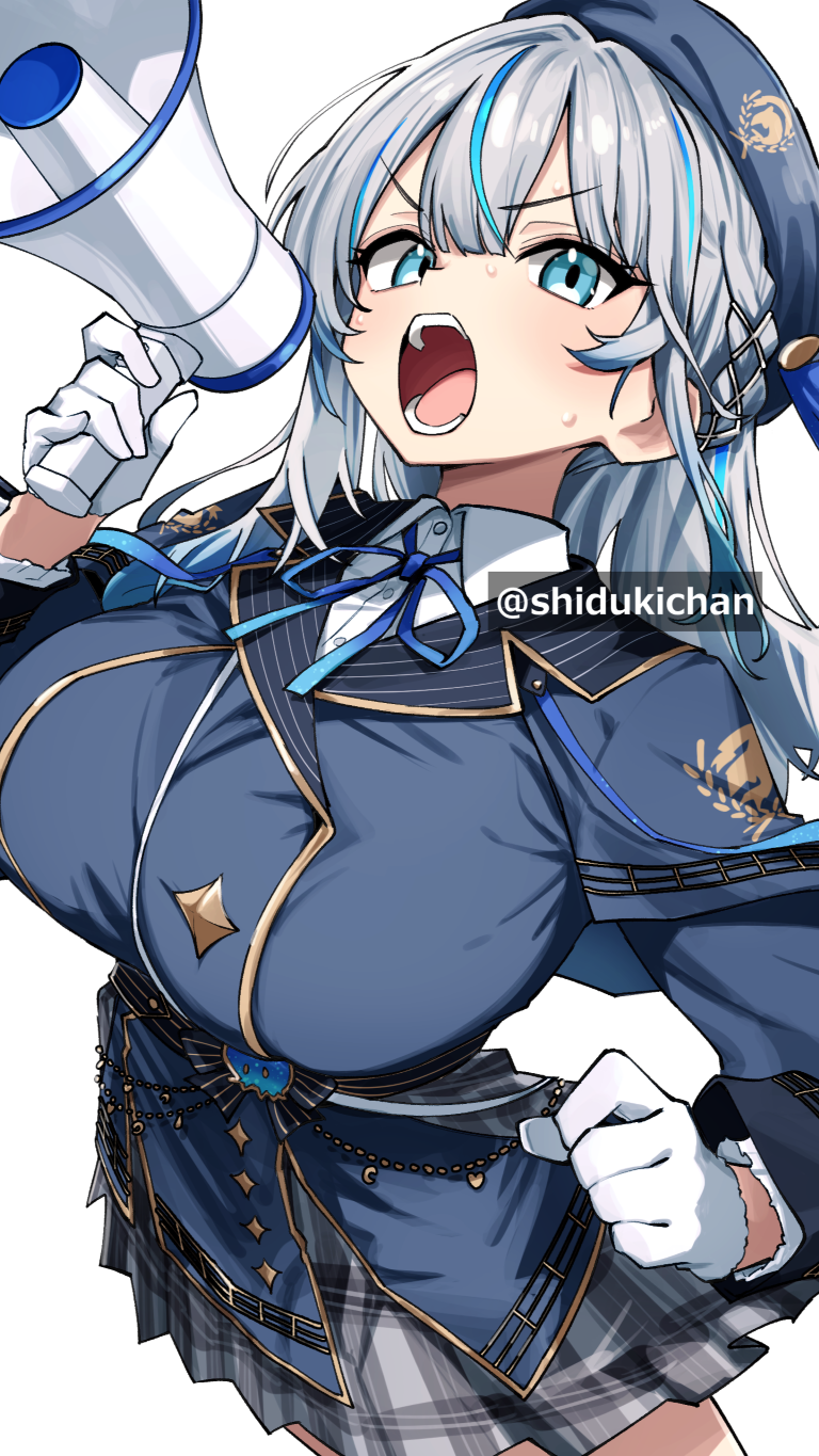 1girl, amagai_ruka, blue_eyes, blue_hat, blue_jacket, blue_streaks, breasts, commentary_request