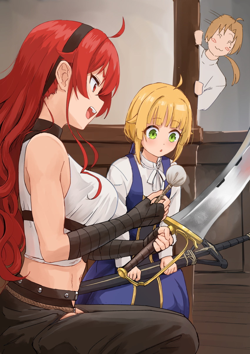 2girls, ahoge, bare_shoulders, black_hair, black_headband, black_pants, blonde_hair, blue_dress