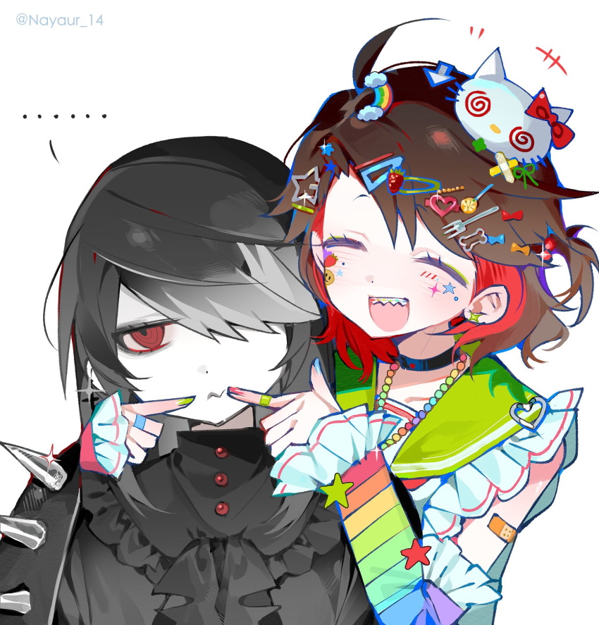 2girls, :d, ahoge, ascot, bandaid, bandaid_on_arm, bead_necklace, beads