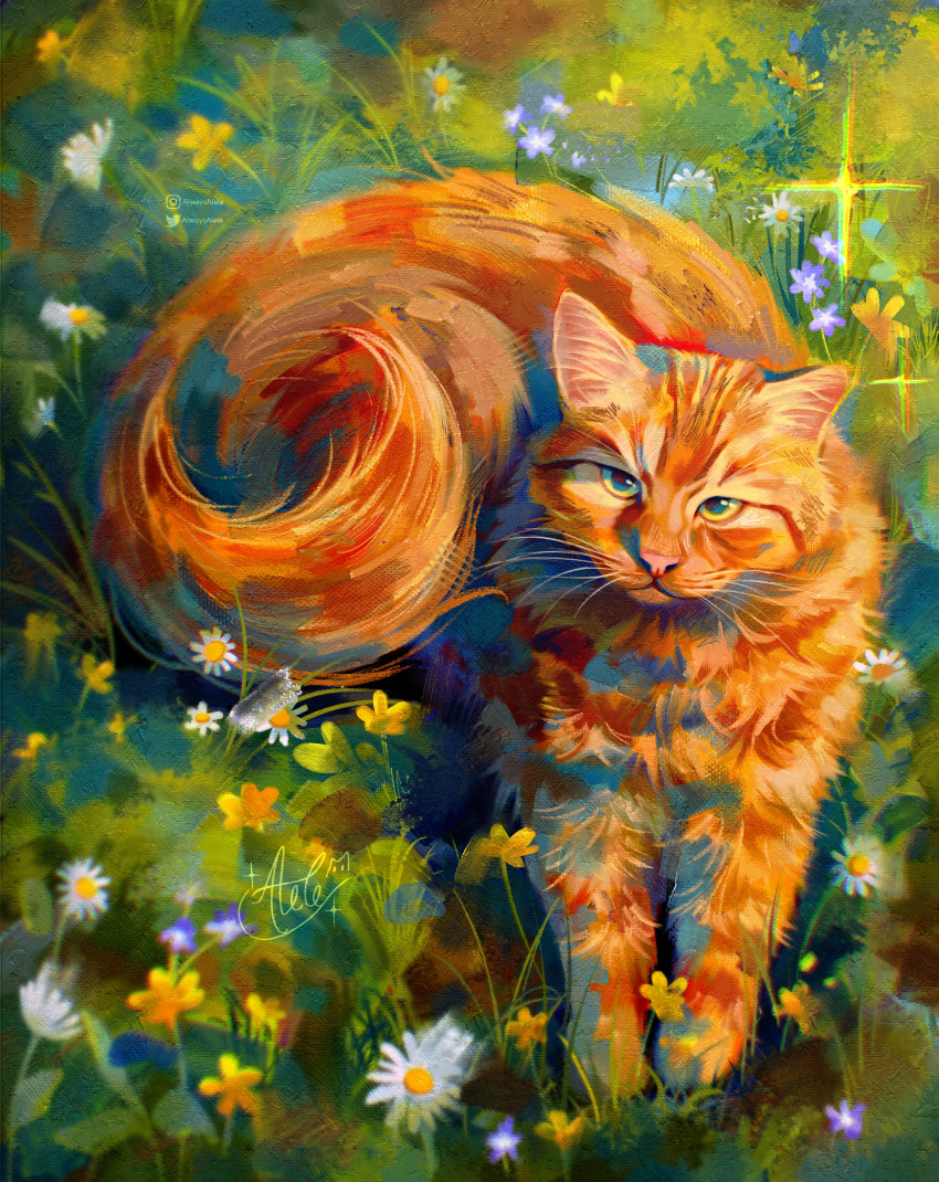 absurdres, alwaysalele, animal, animal_focus, cat, commentary, daisy_(flower), english_commentary
