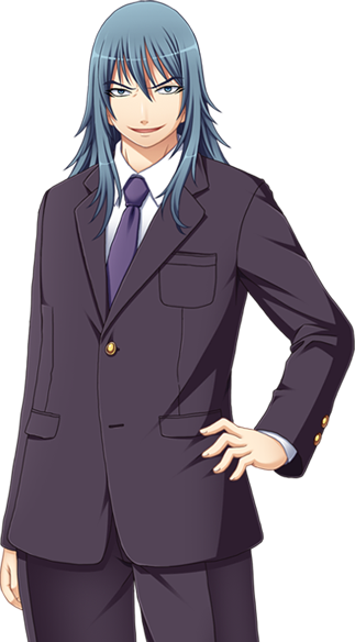 1boy, blue_eyes, blue_hair, evil_grin, evil_smile, formal_clothes, game_asset, grin