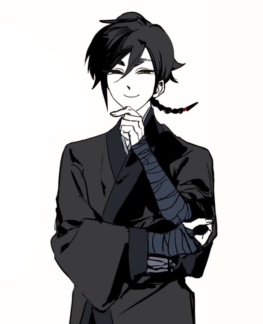 1girl, arm_across_waist, black_robe, character_request, cowboy_shot, greyscale, hand_on_own_arm, hand_on_own_chin, looking_at_viewer, monochrome, nicayuko, omniscient_reader's_viewpoint, robe, smirk, solo, wide_sleeves