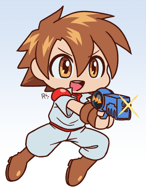 1boy, belt, boots, brown_boots, brown_eyes, brown_gloves, brown_hair, chibi