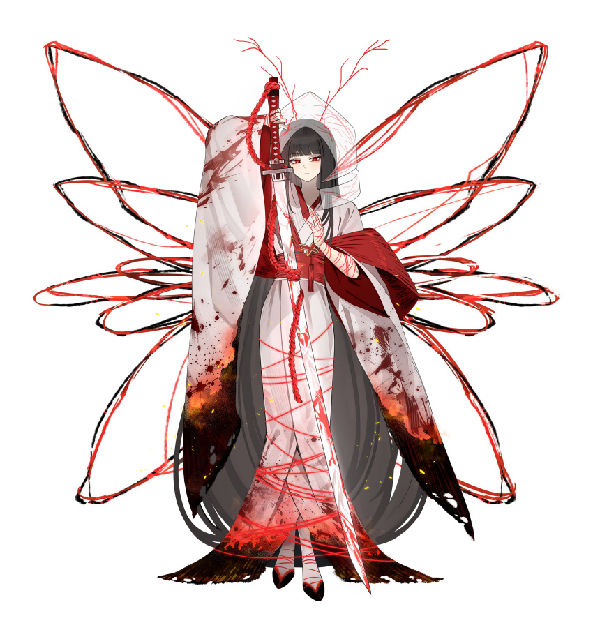 1girl, absurdres, antennae, arm_up, black_hair, blood, blood_on_clothes, blood_on_sleeves