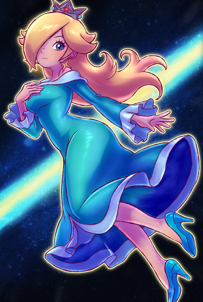 1girl, aqua_dress, blonde_hair, blue_eyes, blue_shoes, breasts, brooch, commentary