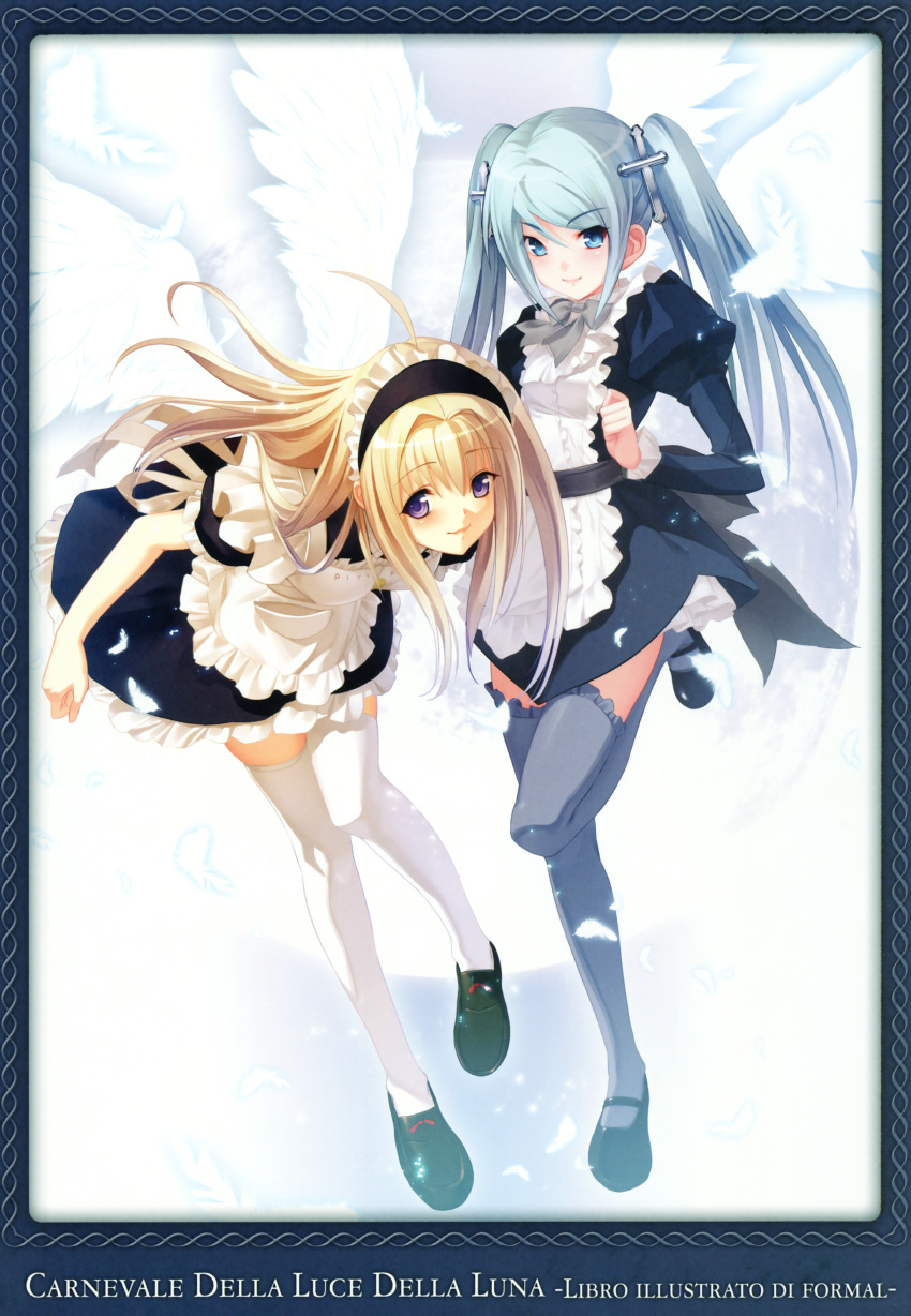absurdres, anna_(carnevale_della_luce_della_luna), anna_(gekkou_no_carnevale), bent_over, blonde_hair, blue_eyes, blue_hair, blue_legwear, carnevale_della_luce_della_luna, cross, feathers, frills, gekkou_no_carnevale, hair_ornament, highres, leg_lift, long_hair, lunaria, maid, maid_headdress, mary_janes, multiple_girls, nitroplus, oosaki_shin'ya, oosaki_shin'ya, purple_eyes, shoes, smile, thigh-highs, thighhighs, twintails, violet_eyes, white_legwear, wings, zettai_ryouiki