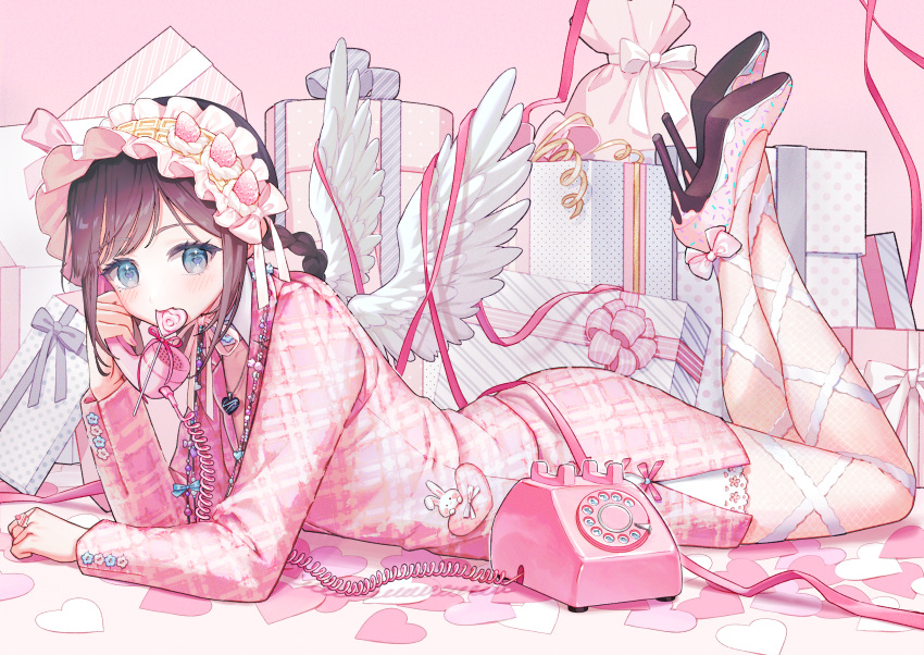 1girl, absurdres, angel_wings, antique_phone, blazer, blue_eyes, bow, box