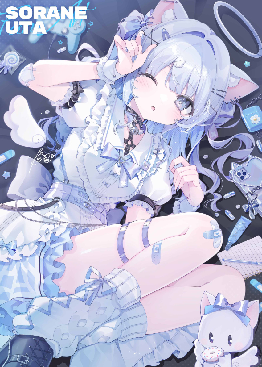 1girl, absurdres, animal_ear_fluff, animal_ear_piercing, animal_ears, back_bow, bandaid, bandaid_on_knee