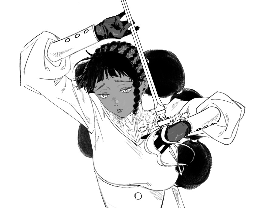 1girl, afro_puffs, arm_up, braid, breasts, commentary, dark-skinned_female, dark_skin