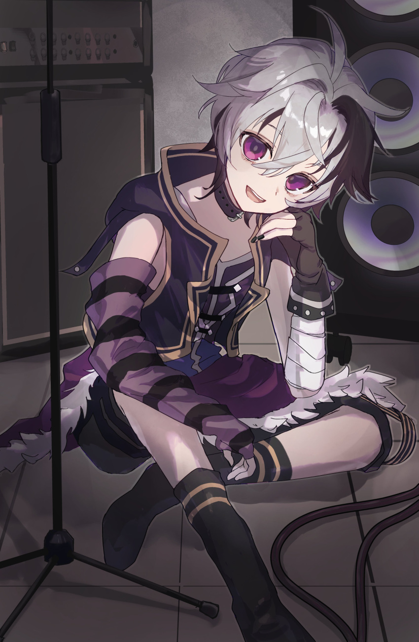 1girl, absurdres, ahoge, androgynous, arm_warmers, bandaged_arm, bandages, black_boots