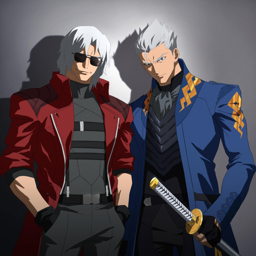 absurdres, belt, blue_coat, blue_eyes, boots, coat, dante_(devil_may_cry), devil_may_cry_(series), fingerless_gloves, gloves, grey_background, hands_in_pockets, highres, holding, holding_sword, holding_weapon, leather_coat, long_coat, long_hair, official_art, red_coat, short_hair, simple_background, sunglasses, sword, vergil_(devil_may_cry), weapon, yamato_(sword)