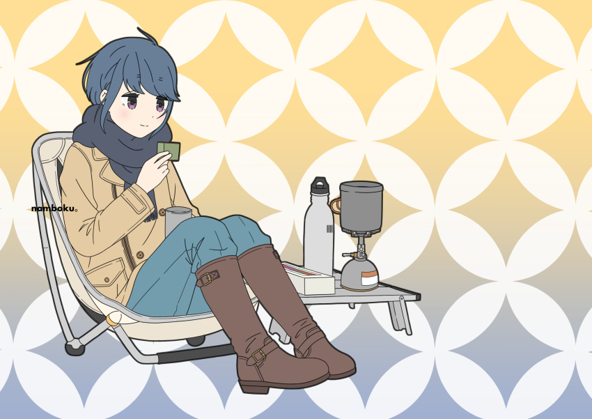 1girl, artist_name, backpacking_stove, black_scarf, blue_background, blue_hair, blue_pants, boots