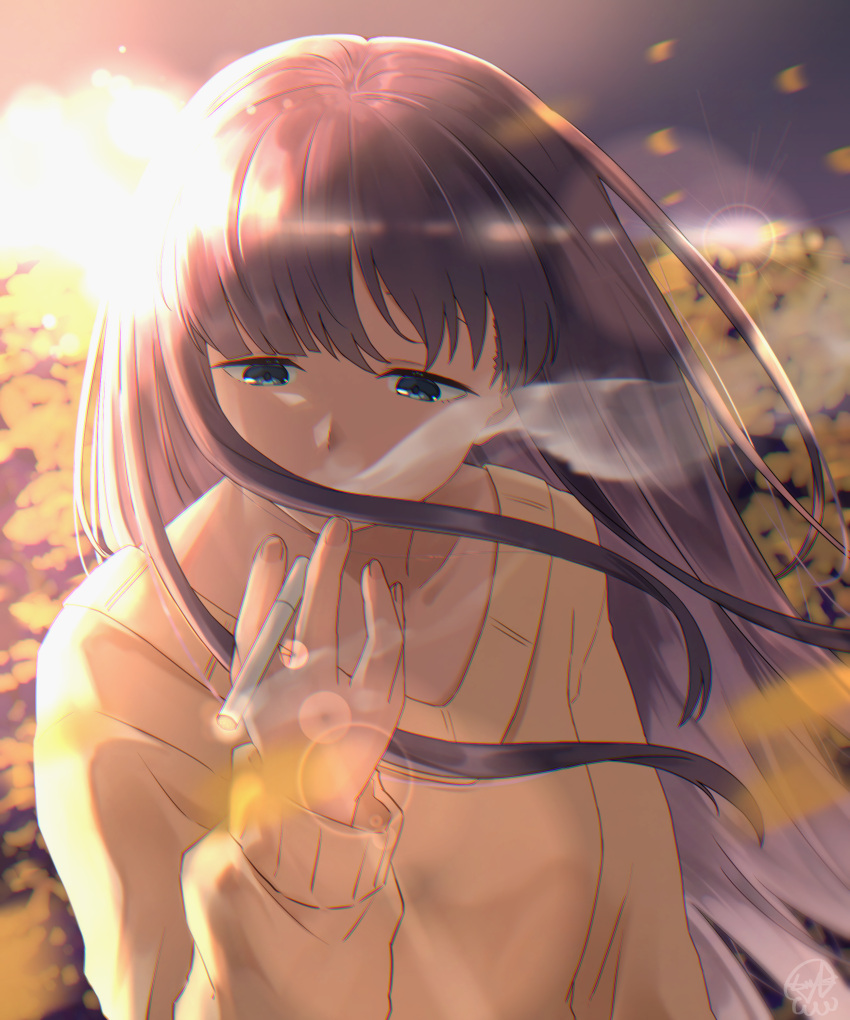 1girl, absurdres, blue_eyes, cigarette, commentary, field, flower, flower_field