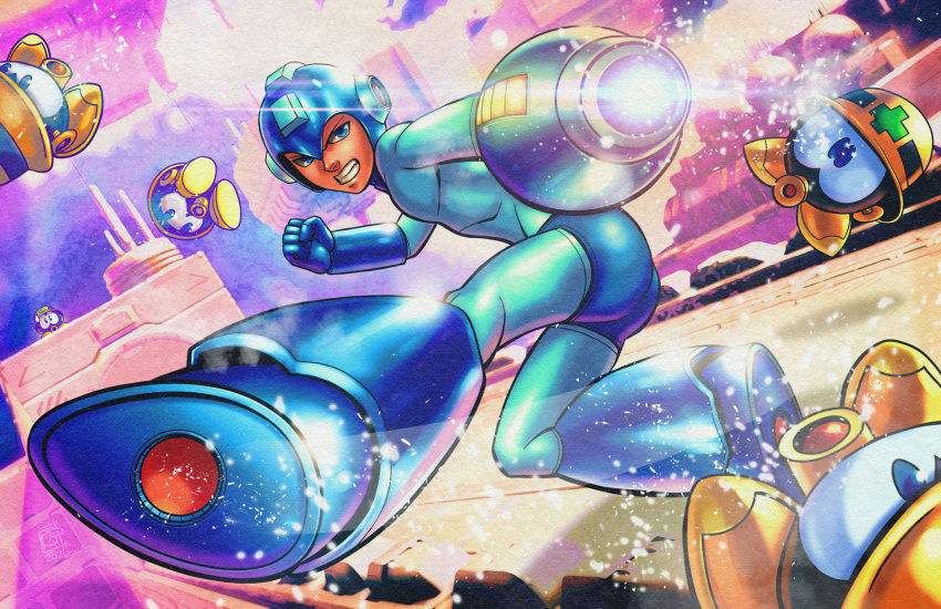 android, arm_cannon, arm_up, armored_boots, battle, blue_bodysuit, blue_boots, blue_eyes, blue_gloves, blue_gorget, bodysuit, boots, clenched_hand, clenched_teeth, commentary, english_commentary, fighting, fighting_stance, firing, gloves, headphones, helmet, highres, joints, kicking, looking_back, mega_man_(classic), mega_man_(series), met_(mega_man), robot, robot_joints, teeth, weapon, yellow_helmet