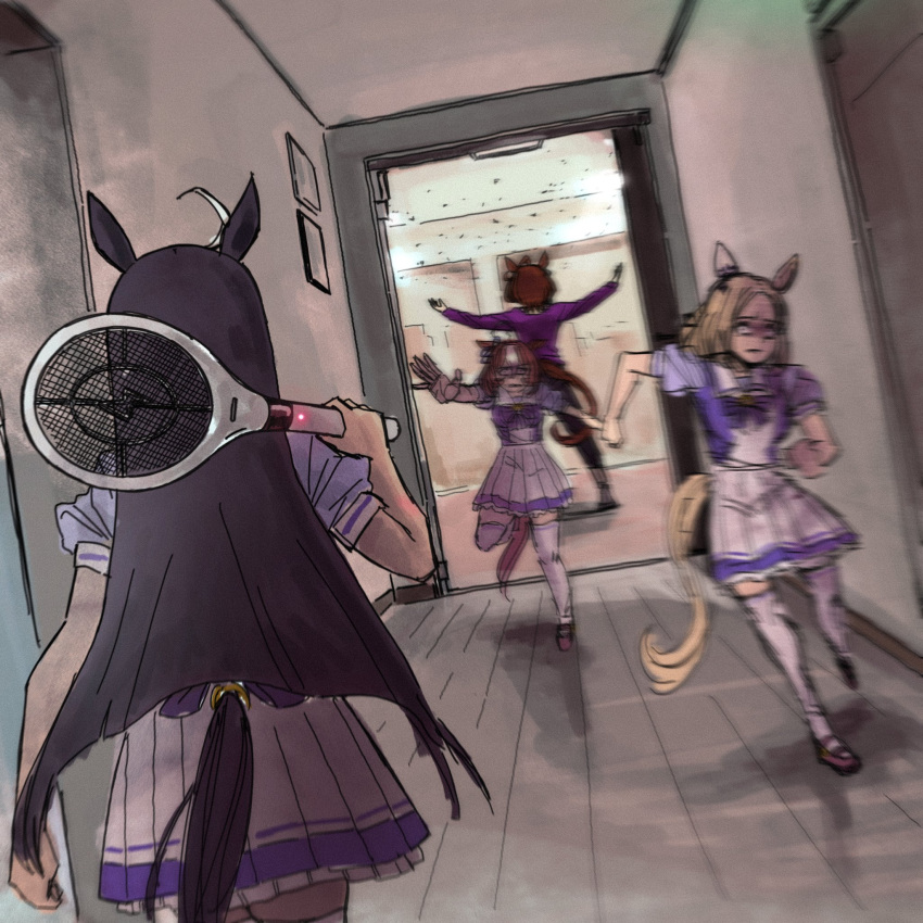 4girls, animal_ears, black_hair, black_pants, blonde_hair, brown_hair, character_request, electric_flyswatter, highres, holding, holding_racket, horse_ears, horse_girl, horse_tail, j_(jojoon02), korean_kindergarten_grasshopper_spill, long_hair, meme, multiple_girls, pants, pleated_skirt, racket, school_uniform, short_sleeves, skirt, tail, thigh-highs, tracen_school_uniform, umamusume, white_skirt, white_thighhighs