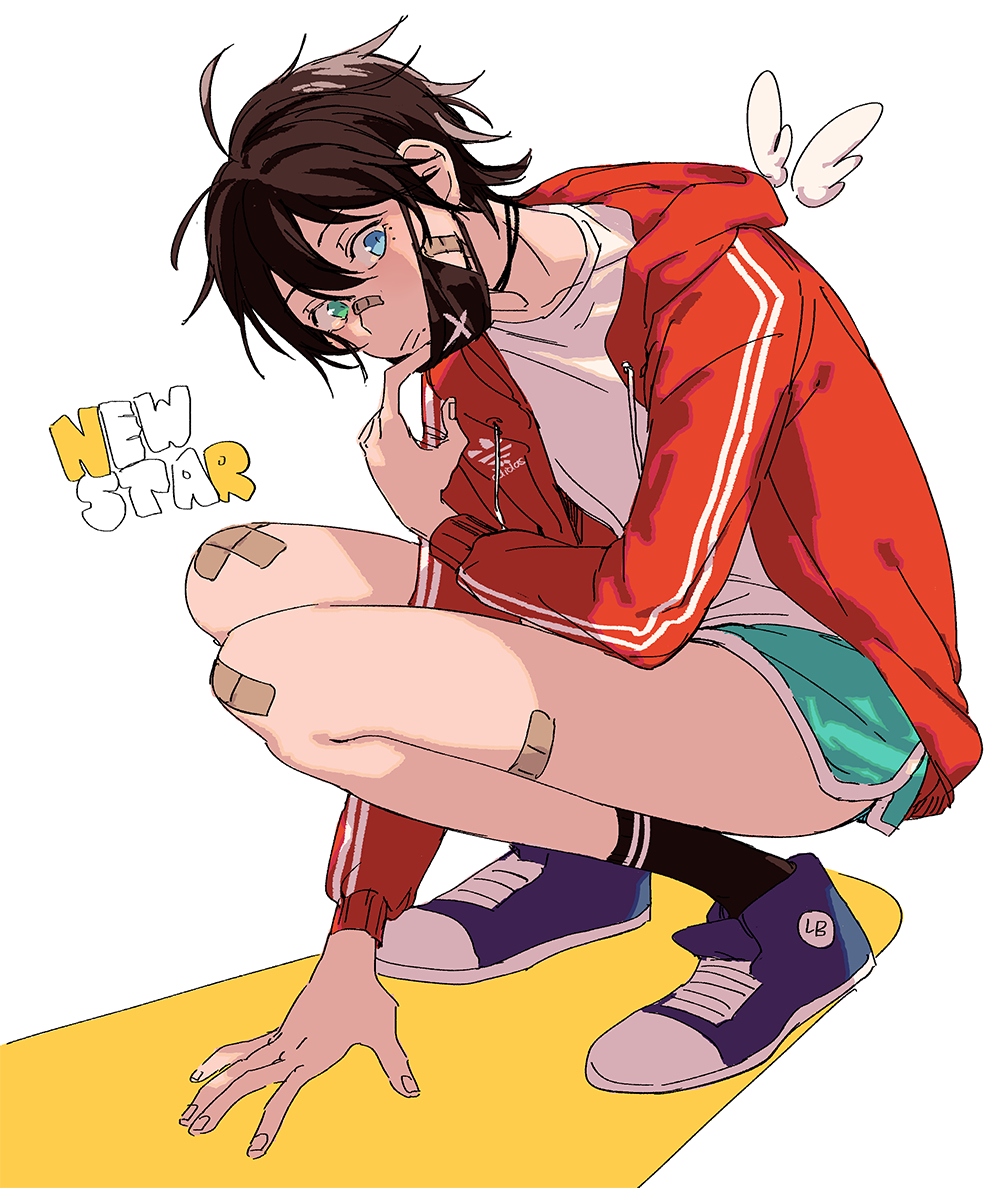 1boy, adidas, ahoge, alternate_costume, ankle_socks, aqua_shorts, bandaid, bandaid_on_cheek