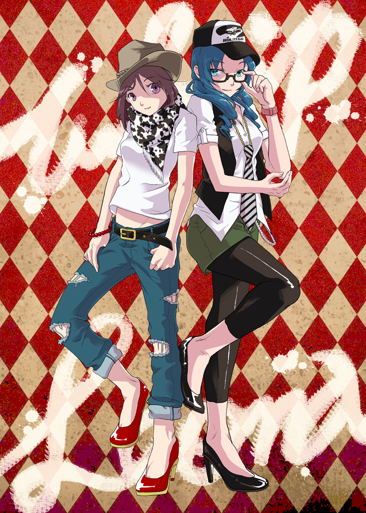 2girls, adjusting_glasses, baseball_cap, beads, belt, bespectacled, blue_eyes, blue_hair