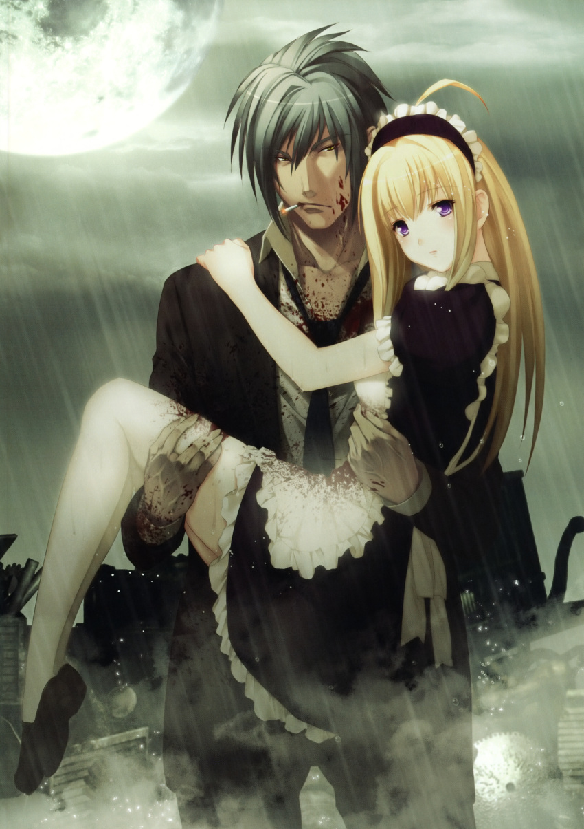 anna_(carnevale_della_luce_della_luna), anna_(gekkou_no_carnevale), blood, carnevale_della_luce_della_luna, carrying, cigarette, cloud, cloudy_sky, gekkou_no_carnevale, highres, maid, maid_headdress, moon, oosaki_shin'ya, oosaki_shin'ya, romeo_(carnevale_della_luce_della_luna), romeo_(gekkou_no_carnevale), shoes, sky