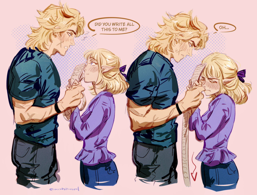 1boy, 1girl, alternate_hairstyle, averting_eyes, blonde_hair, blue_eyes, blush, casual, commentary, contemporary, denim, embarrassed, english_commentary, english_text, genshin_impact, highres, holding, holding_paper, jeans, mintothesoul, nicole_reeyn, pants, paper, pointy_ears, scar, scar_on_face, speech_bubble, varka_(genshin_impact)
