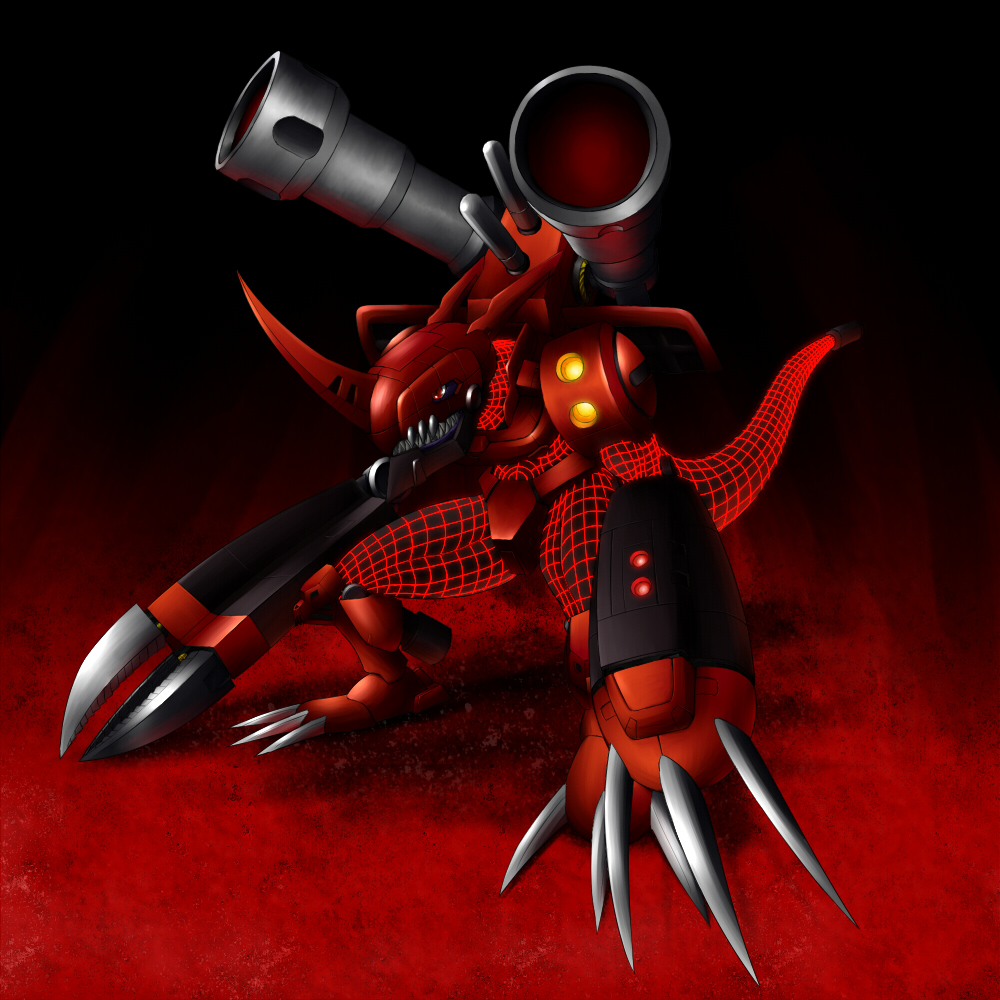 chaosdramon, claws, digimon, horn, kazkazkaz, no_humans, red_eyes, robot, sharp_teeth, solo, tail