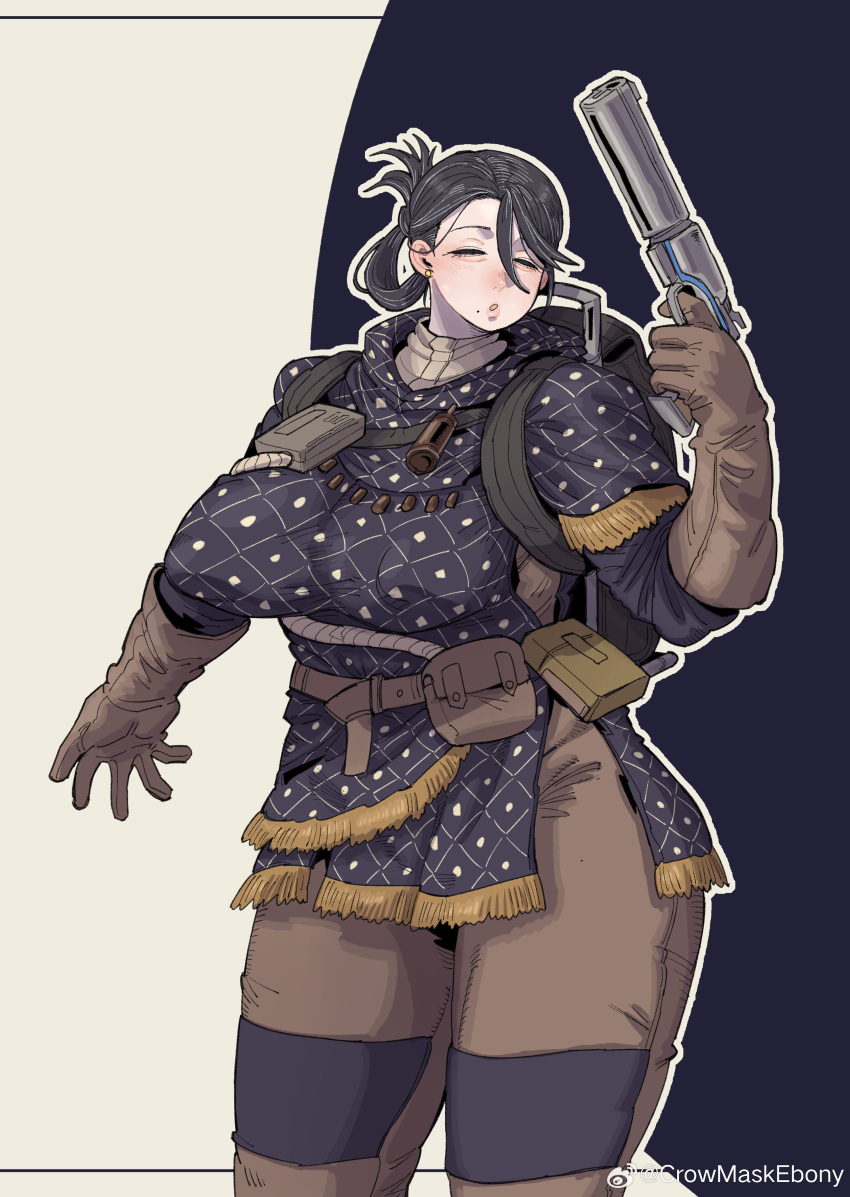 1girl, absurdres, breasts, brown_gloves, brown_hair, closed_eyes, copyright_request, cowboy_shot