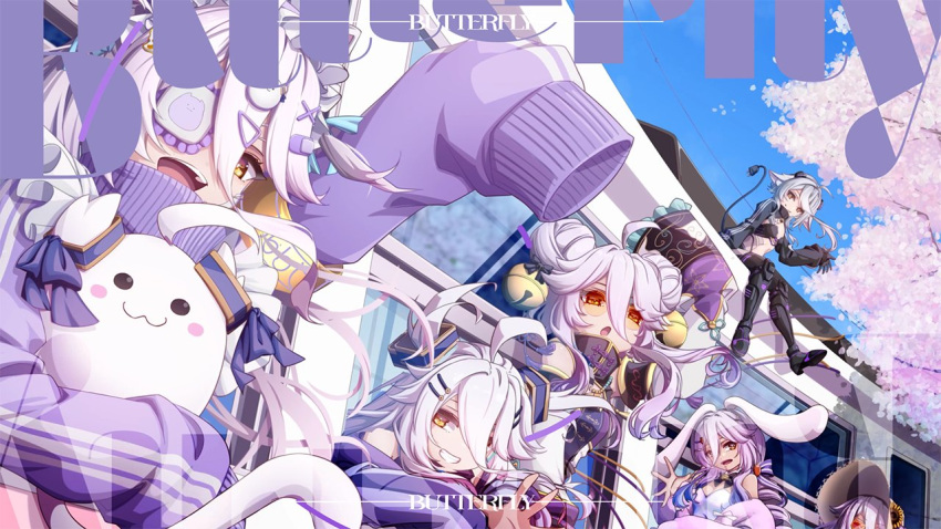 5girls, ahoge, animal_ears, bell, black_shorts, blue_sky, bra, carrot_hair_ornament, china_dress, chinese_clothes, clothing_cutout, cube, double_bun, dress, electric_plug, electric_plug_tail, eyepatch, food-themed_hair_ornament, gradient_hair, grey_hair, grin, hair_bell, hair_between_eyes, hair_bun, hair_ornament, hat, hen_squad_(henya_the_genius), henya_the_genius, henya_the_genius_(1st_costume), henya_the_genius_(bunniversary), henya_the_genius_(cyber_henya), henya_the_genius_(kung-fu_henya), henya_the_genius_(summer), horns, indie_virtual_youtuber, jacket, jersey, leotard, long_bangs, long_hair, mechanical_horns, multicolored_hair, multiple_girls, open_mouth, playboy_bunny, purple_dress, purple_hair, purple_jacket, purple_leotard, purple_ribbon, rabbit_ears, ribbon, shorts, sidelocks, sitting, sky, sleeves_past_fingers, sleeves_past_wrists, smile, stomach_cutout, strapless, strapless_bra, sun_hat, sunglasses, tail, tinybiard, train, tree, underwear, virtual_youtuber, waving, yellow_eyes, zipper_pull_tab