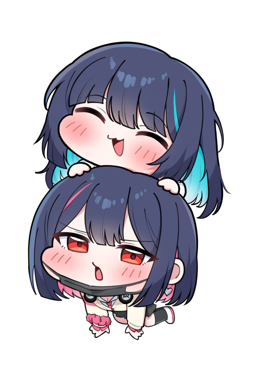 2girls, :3, all_fours, black_hair, black_skirt, black_socks, black_survival, blue_hair