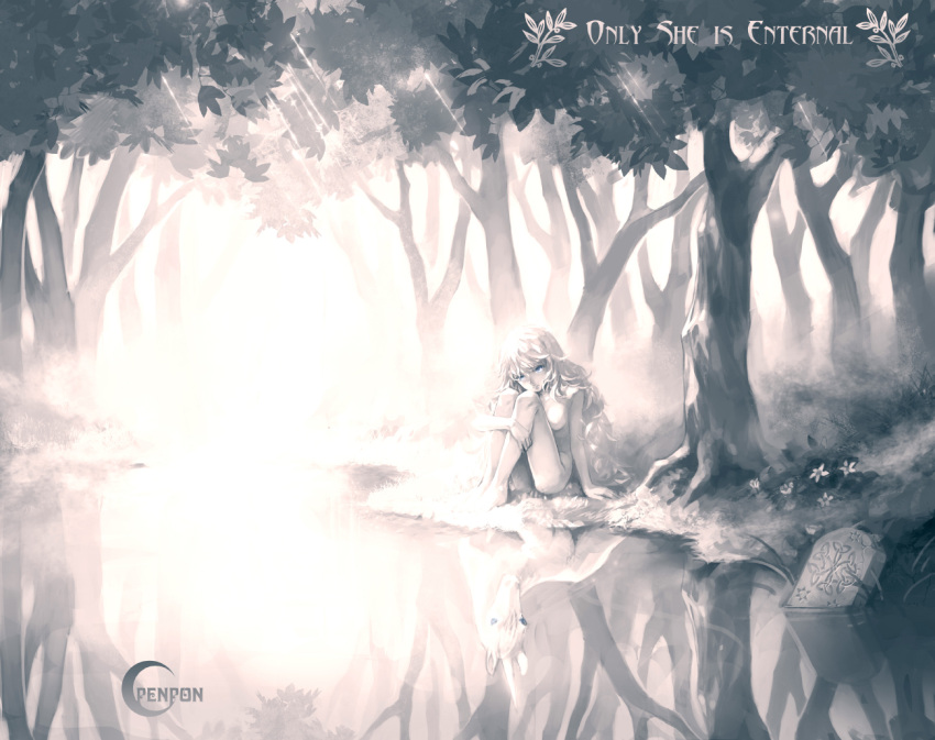 lady_amalthea, long_hair, monochrome, nature, penpon, penponmoe, personification, signature
