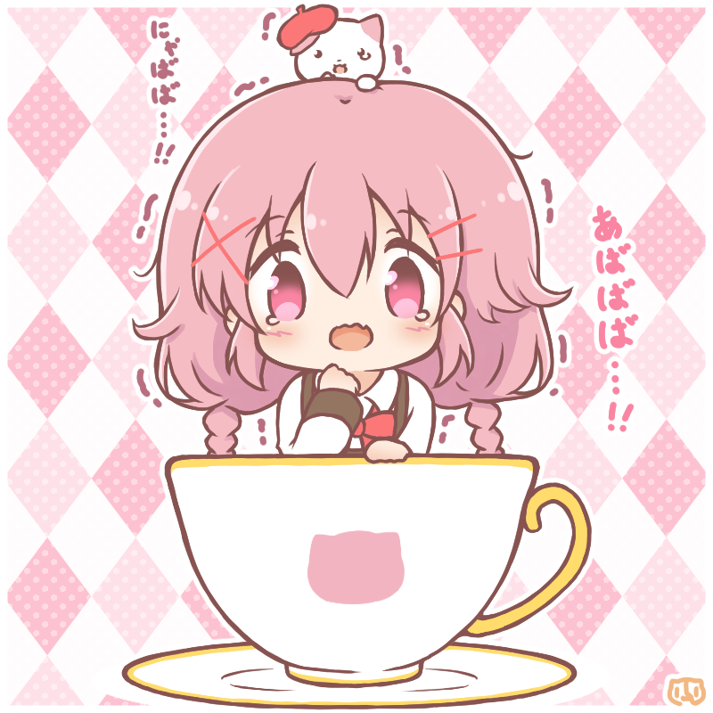 1girl, animal, animal_on_head, beret, blush, bow, braid, cat