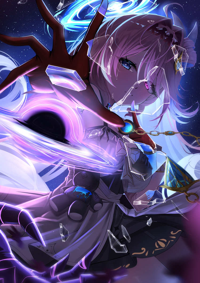 1girl, absurdres, aleph-1_(wuthering_waves), black_hole, black_skirt, blue_eyes, breasts, commentary