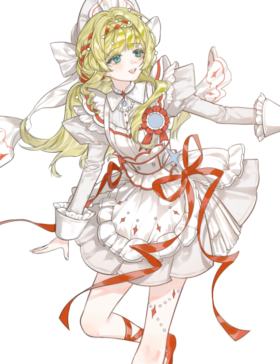 1girl, :d, alternate_costume, blonde_hair, blue_eyes, braid, braided_bangs, commentary_request
