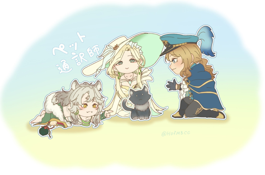 3girls, augustus_(path_to_nowhere), blonde_hair, cat, chibi, commentary_request, fangs, fangs_out, full_body, hat, hat_feather, highres, hofmbcc, margaret_(path_to_nowhere), military_hat, military_uniform, multiple_girls, on_one_knee, path_to_nowhere, sitting, tiger_girl, xiaofeng_(path_to_nowhere)