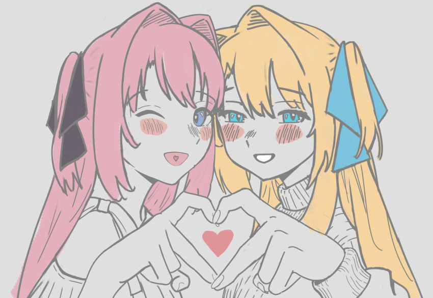 2girls, black_ribbon, blonde_hair, blue_ribbon, blush, commentary, dual_persona, english_commentary