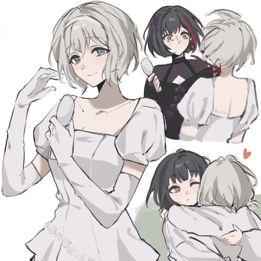 2girls, aoba_moca, bang_dream!, bang_dream!_girls_band_party!, black_dress, black_hair, black_streaks, blue_eyes