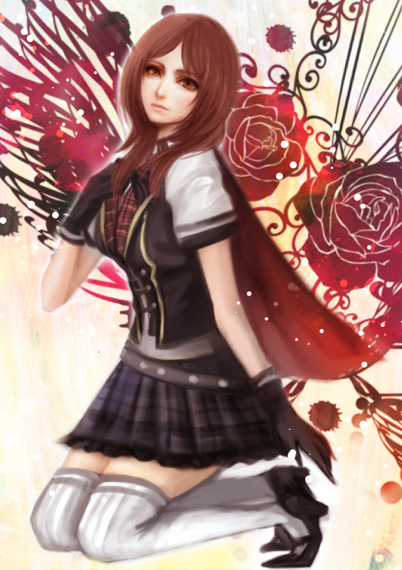 brown_eyes, brown_hair, cape, final_fantasy, final_fantasy_type-0, gloves, hand_on_own_chest, hand_to_chest