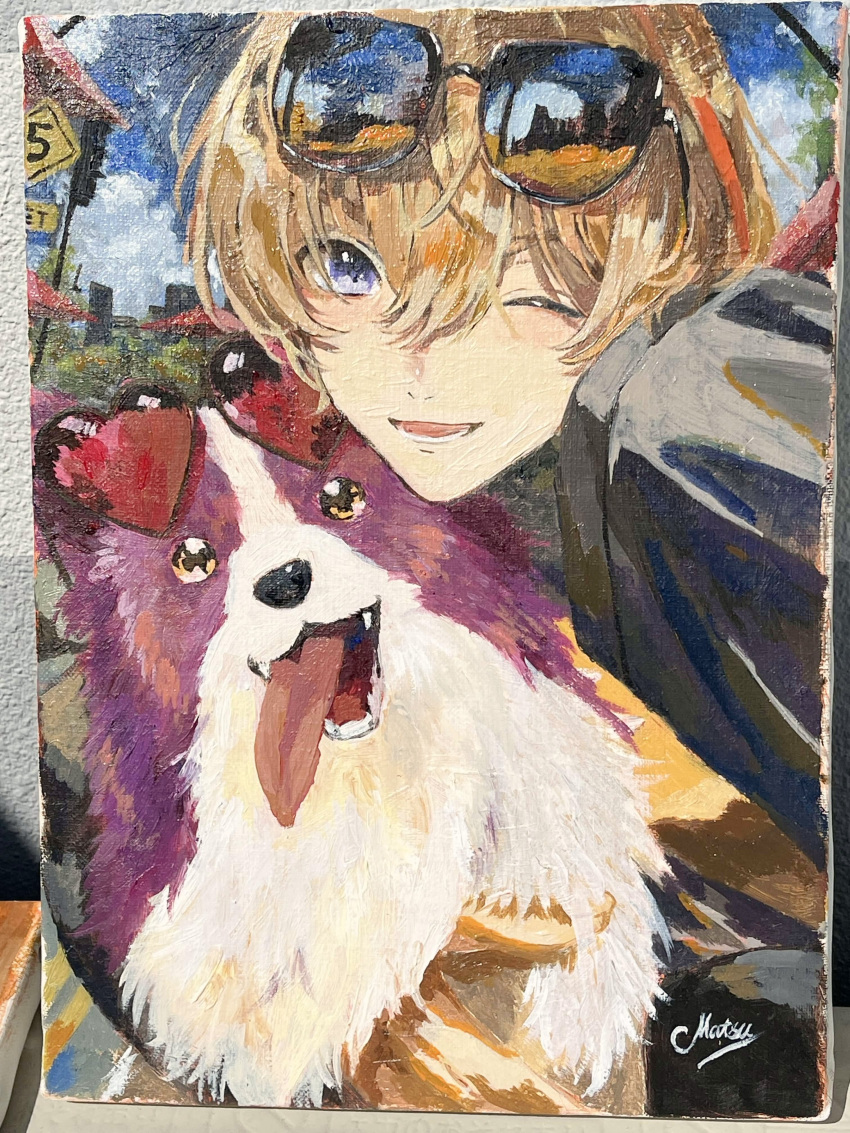 1boy, absurdres, blonde_hair, commentary, dog, eyewear_on_head, fangs, fura_kanato