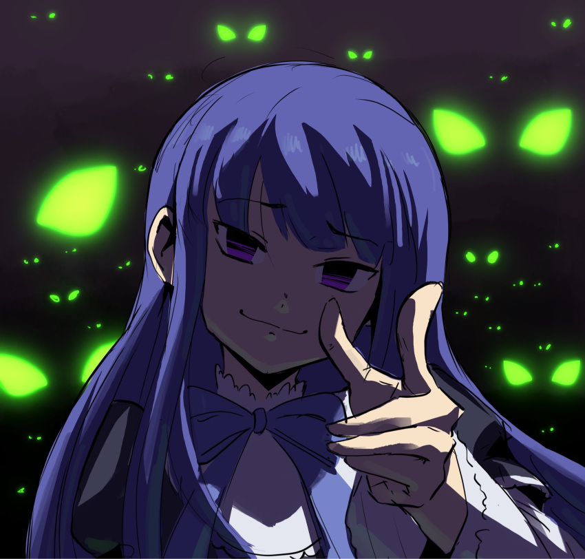 1girl, black_background, blue_bow, blue_bowtie, blue_hair, bow, bowtie, closed_mouth